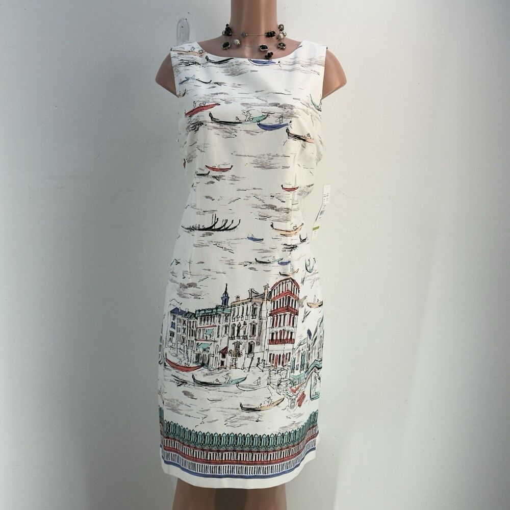 NEW Leslie Fay Venice Gondula Boat White Sleeveless Knee Length Shift Dress 14 - Picture 4 of 17